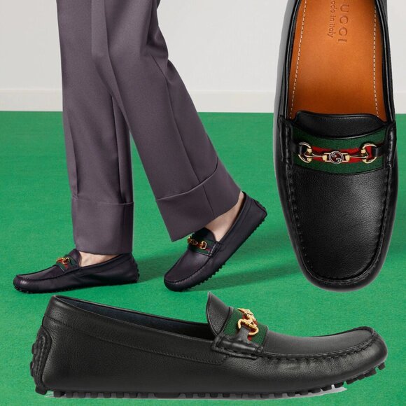 GUCCI SHOES MENS BLACK LEATHER HORSEBIT LOGO DRIVER LOAFERS w WEB sz 13 13.5 - Picture 1 of 16